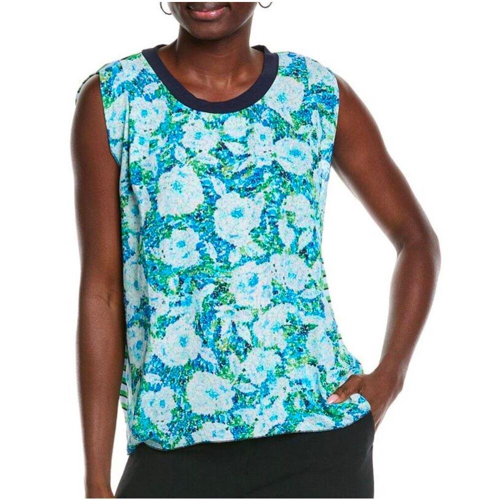 Cabi Blue Green Abstract floral Complete sleeveless top blouse tank womens S